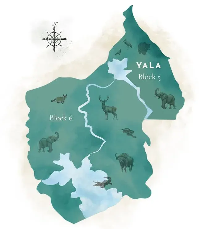 Map of Yala National Park Blocks 5 and 6, entered through the Galge gate